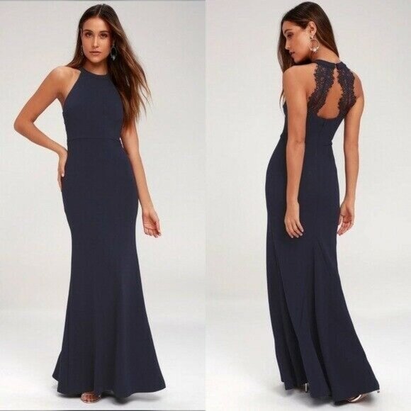 NEW‎ Lulus Joella Lace Halter Maxi Dress Navy Blue Size Small - Picture 1 of 9